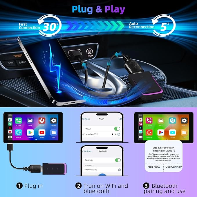 Mini Wireless Carplay Adapter for iPhone & Android, Plug and Play Low Latency Convert Wired to Wireless CarPlay Dongle for Cars with USB-A/C, Compatible with Cars from 2016 and iOS 10+/Android 11+