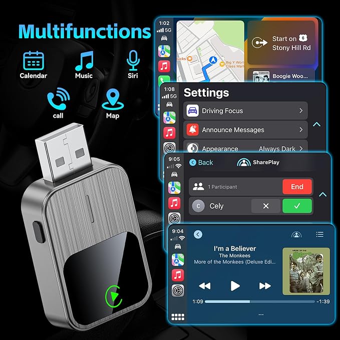 Wireless CarPlay Adapter for iPhone - Wired to Wireless CarPlay,Plug & Play,Fast & Stable Connection,Mini USB & Reset Button,Compatible with Cars 2016+ (iOS Only)