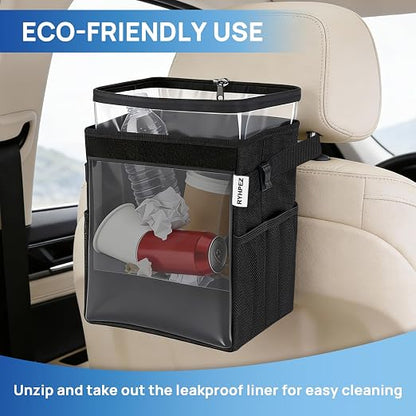 Ryhpez Car Trash Can with See Through Window, Clear Black Multipurpose Car Organizer Storage with Removable Liner, Leakproof Car Garbage Container for Vehicles, SUV, Truck (2.1Gallon/8L)