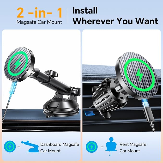 Coolpow for MagSafe Car Mount Charger【Ultra Magnet】 Magnetic Phone Holders for Your Car Charger【Windshield+Vent+Dash】 Magnetic Wireless Car Phone Holder Charger Car Mount for iPhone 17 (Carbon Fiber)