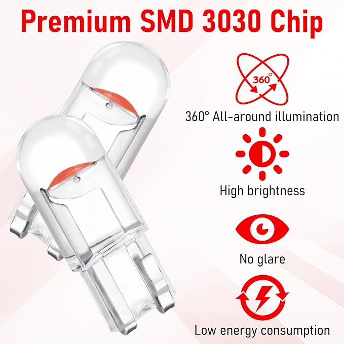 ecocstm 30 PCS Car 194 LED Bulbs, 168 2825 W5W T10 Wedge COB LED Replacement Bulb, Error Free Interior Bulb for Dashboard Light, Dome Lights (Red)