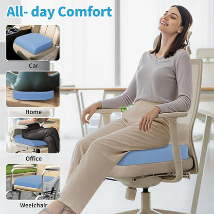 TranquilRelax XLarge Seat Cushion, Memory Foam Cushion for Long Sitting Hours on Office Chair, Home & Car, Non-Slip Chair Pad for Relieving Back & Sciatica & Hip & Coccyx Pain (Light Blue)