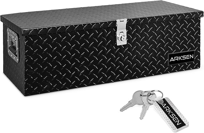 ARKSEN 30 x 13 x 10 Inch Diamond Plate Truck Bed Tool Box, Heavy Duty Waterproof Aluminum Toolboxes Storage Chest with Side Handle & Lock for Pickup Truck Bed, RV & Trailer – Black