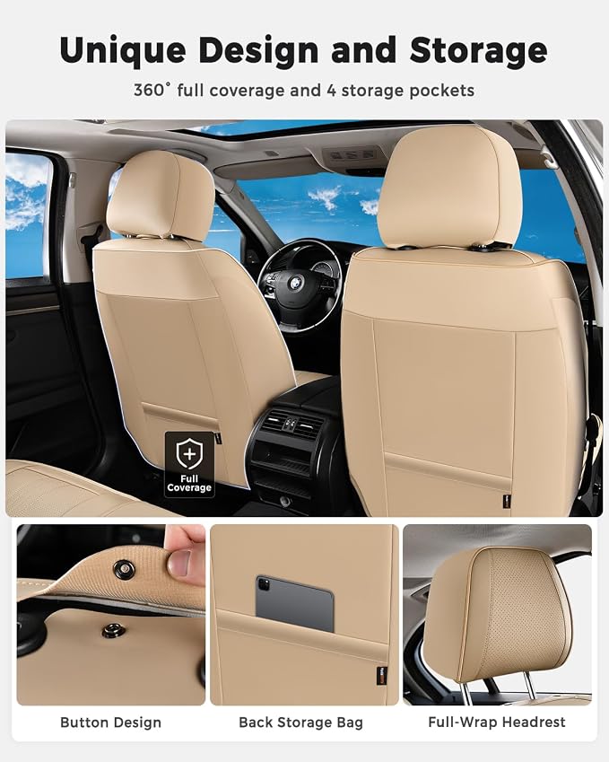 Huidasource Beige Front Seat Cover, Luxury Faux Leather Front Car Seat Cover, Compatible with Airbags, Seatbelt Buckles, Perforation Cooling＆Heating, Universal Fit for Most Cars Vans Trucks SUVs Beige