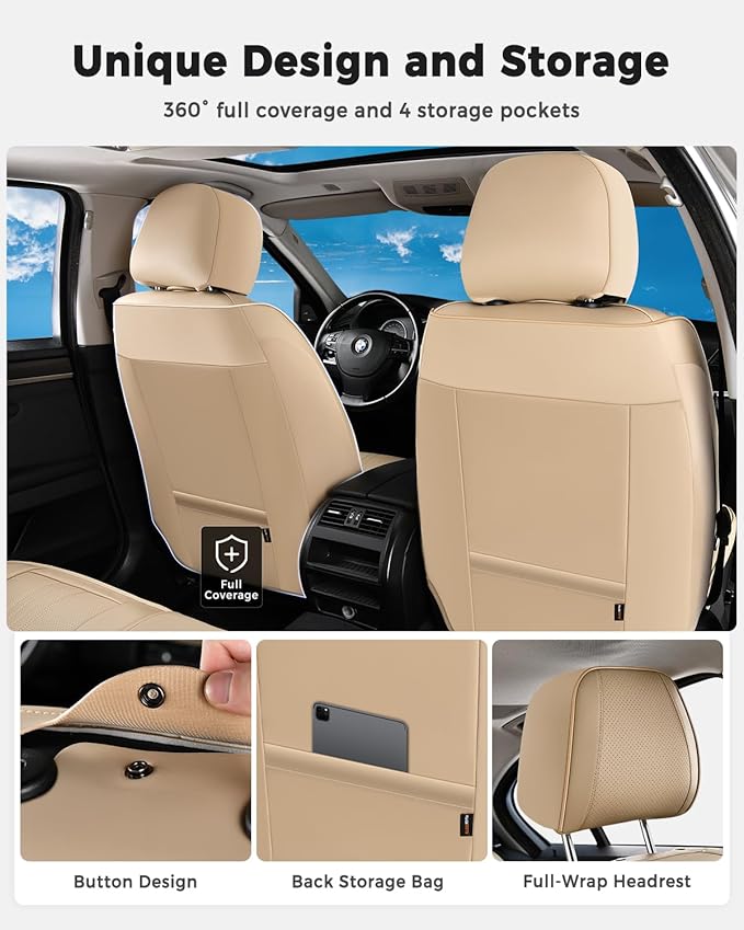 Huidasource Beige Seat Covers, Luxury Faux Leather Car Seat Cover, Velcro Adjustable, with Airbags, Seat Belts, Thinning Design Perforation Cooling＆Heating Fit for Most Cars, Vans, Trucks, SUVs, Beige