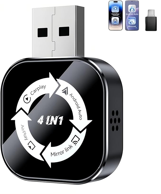 2026 Upgraded Wireless Carplay Adapter,4 in 1 Screen Mirroring Support Mirror Link/AirPlay for iPhone CarPlay & Android Auto,Mini USB/Type-C Plug & Play Car Play Adapter, Wired to Wireless No Latency