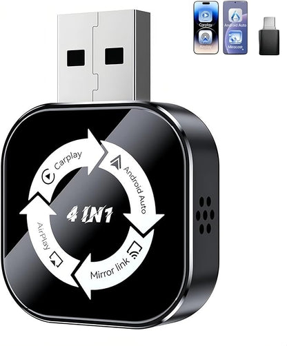 2026 Upgraded Wireless Carplay Adapter,4 in 1 Screen Mirroring Support Mirror Link/AirPlay for iPhone CarPlay & Android Auto,Mini USB/Type-C Plug & Play Car Play Adapter, Wired to Wireless No Latency