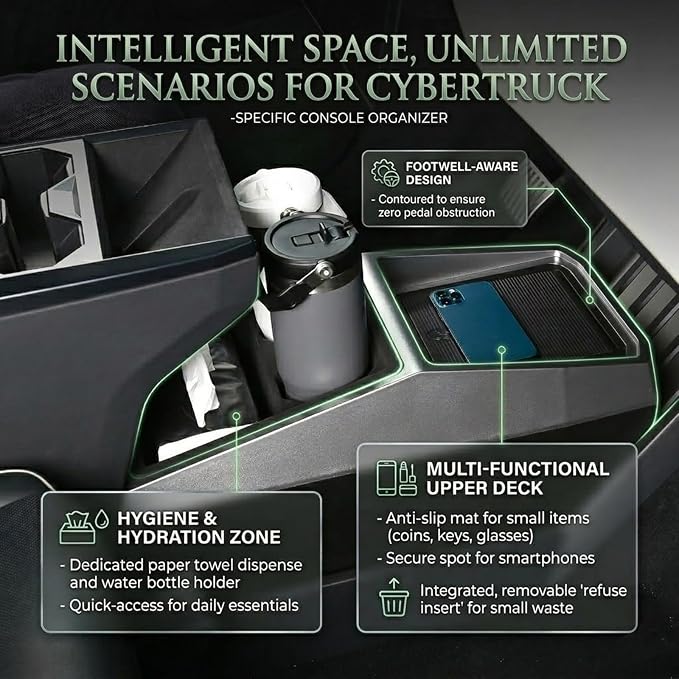 Floor Center Console Organizer for Tesla Cybertruck 2024-2026, Cybertruck Accessories Interior Storage Box, Double Layer Tray Insert, Anti-Slip TPE Console Organizer