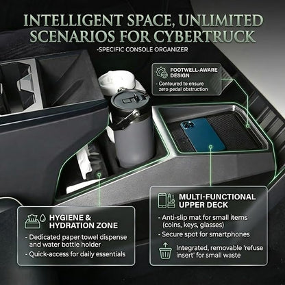 Floor Center Console Organizer for Tesla Cybertruck 2024-2026, Cybertruck Accessories Interior Storage Box, Double Layer Tray Insert, Anti-Slip TPE Console Organizer