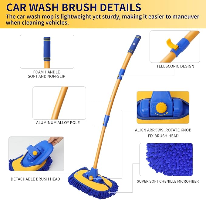 5PCS Car Wash Brush with Long Handle, 15°Curved Car Cleaning Brush with Replaceable Head Cover, Truck Washing Brushwith Telescopic Handle Wash Mop Kit (Blue)