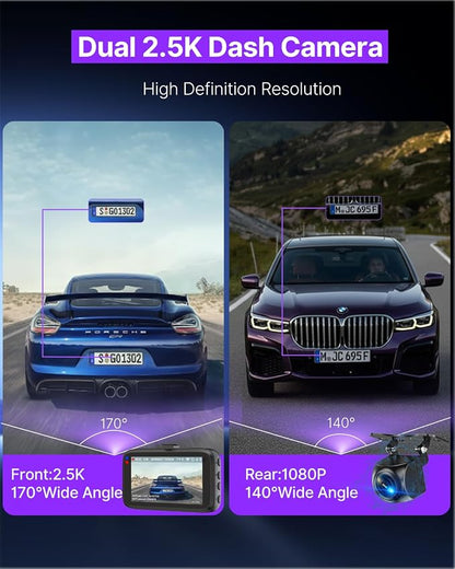 Dash Cam Front and Rear, 2.5K Dual Dash Camera W/ 64GB Card,3" IPS Screen Dash Cam Built-in 5G WiFi, Car Camera with G-Sensor, Loop Recording, Night Vision, 24H Parking Monitor,170°Wide Angle