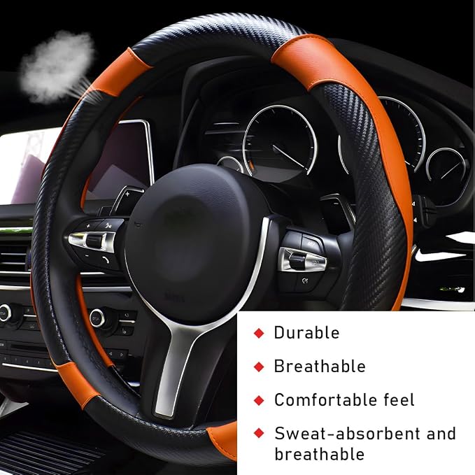 povtii Car Steering Wheel Cover, 15 Inch Leather Breathable Auto Steering Wheel Protector, Comfortable Non-Slip Vehicle Steering Wheel Covers, Universal Car Accessories (Orange, with Lining)