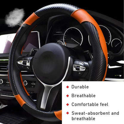 povtii Car Steering Wheel Cover, 15 Inch Leather Breathable Auto Steering Wheel Protector, Comfortable Non-Slip Vehicle Steering Wheel Covers, Universal Car Accessories (Orange, with Lining)