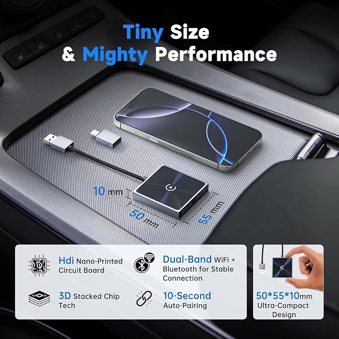 Wireless CarPlay Adapter for iPhone, Super mini Compact 2-in-1 Dongle for Apple iOS 10+, Convert Wired to Wireless CarPlay, Instant Connectivity, Fit for Cars from 2016 with Built-in CarPlay