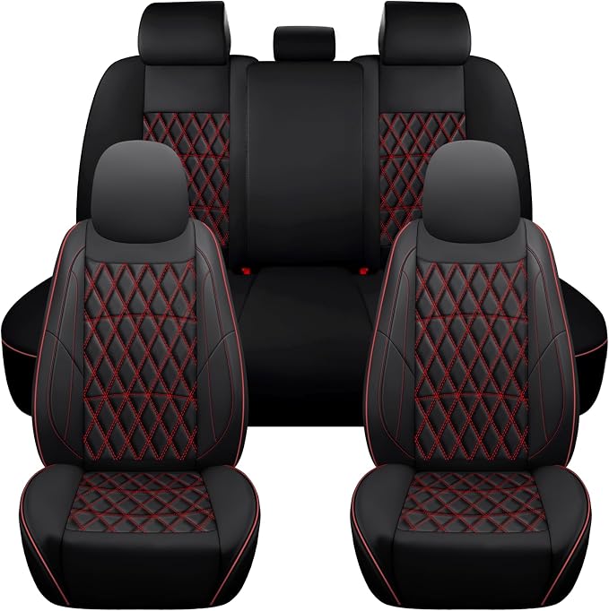 NS YOLO Leather Car Seat Covers,Universal Fit for Most Cars,SUVs and Sedans,Waterproof Luxury Leatherette Cushions, 5 Seats Protectors (Black and Red, Full Set-5 Seats(Front and Rear))
