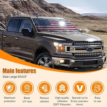 American Flag Car Windshield Sun Shade, Foldable Car Front Window Sunshade for Car SUV Truck, Auto Interior Sun Protection Cover, Blocks UV Rays & Keeps Your Vehicle Cool (USA Original Flag, Large)