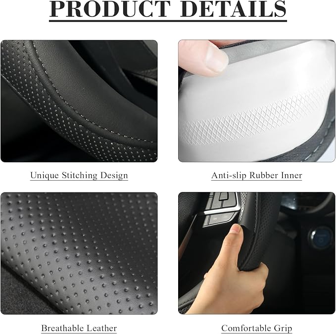 KAFEEK Steering Wheel Cover for Men Women, Universal 15 inch Microfiber Leather with Non-Slip Rubber Lining, Breathable Car Wheel Protector, Odorless, Durable, Black