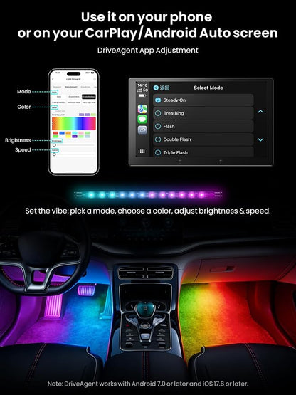 Car LED Lights Interior, 16M Colors APP & CarPlay Control, Music Sync Ambient Lighting Kit, Auto-On/Off，Voltage Protection, Brightness Dimmer 12V DC LED Strip Lights for Car, Truck, SUV