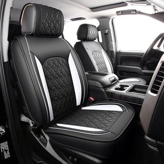 JOJOBAY Chevy Silverado Seat Covers,Leather Seat Covers for GMC Sierra,Custom Fit 2007-2026 1500 2500HD 3500HD Crew Double Extended Regular Cab,LT LZT RST Trail Boss(Full Set,Black White)
