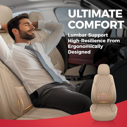 FREESOO Beige Car Seat Cover Full Set - Faux Nappa Leather Seat Covers for Cars, Ultra Breathable Waterproof Front Seats Cushion Protectors with Lumbar Support, Universal Fit for Sedans SUVs Pickups