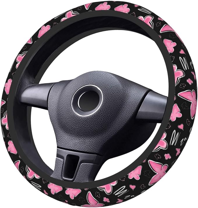 Pink Butterfly Steering Wheel Cover for Women, Universal Auto Steering Wheel 14-15 Inch Car Interior Accessories with 2PCS Car Coasters, Suitable for Men and Women