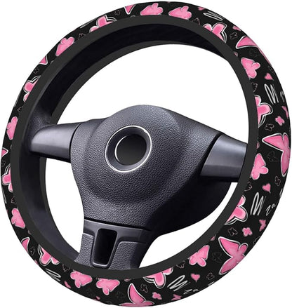Pink Butterfly Steering Wheel Cover for Women, Universal Auto Steering Wheel 14-15 Inch Car Interior Accessories with 2PCS Car Coasters, Suitable for Men and Women