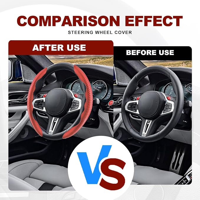Universal Fit Carbon Fiber Steering Wheel Cover, Segmented Steering Wheel Protector, Carbon Fiber Anti-Skid Steering Wheel Cover Car Interior Accessories (2 Pcs Red)
