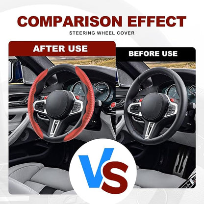 Universal Fit Carbon Fiber Steering Wheel Cover, Segmented Steering Wheel Protector, Carbon Fiber Anti-Skid Steering Wheel Cover Car Interior Accessories (2 Pcs Red)