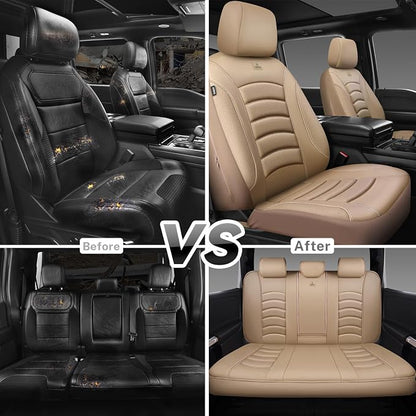 CAR PASS 3D Foam PU Leather Car Seat Covers, Universal Seat Covers Full Sets for Trucks SUV Sedan Automotive Seat Covers Armrest Airbag Compatible Waterproof Comfortable Faux Nappa Leather All Beige