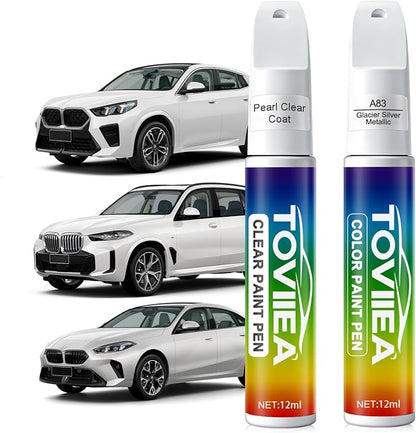 Glacier Silver Metallic(A83) Touch Up Paint Compatible with BMW,2-In-1 Car Scratch Remover Pen,Car Paint Scratch Repair Kit for Scratches,Chips & Nicks,2-PCS SET