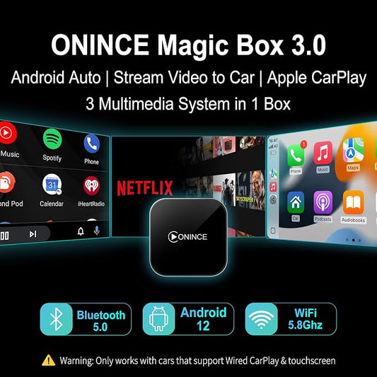 CarPlay AI Box 2025 Upgrade – Magic Box 3.0 with Wireless CarPlay & Android Auto, Bult-in Netflix, YouTube, Disney+, Prime Video | 5.8GHz WiFi, Auto Connect | for OEM Wired CarPlay Cars & Motorcycles