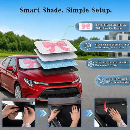 Pink Bow Car Windshield Sun Shade for Women, Cute Foldable Front Window Sunshade for Small Cars, UV Heat Blocking Car Shade, Simple Coquette Girly Car Accessories for Sedan Coupe - 59 x 27.5