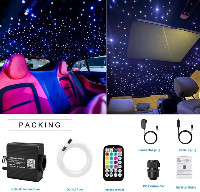 AZIMOM 16W Twinkle & Sound Activate 600pcs*0.03in*13.1ft Fiber Optic Starlight Headliner Kits for Car Home Star Ceiling Sky Decoration, APP& Remote Control Light Engine End Glow Fiber Strands