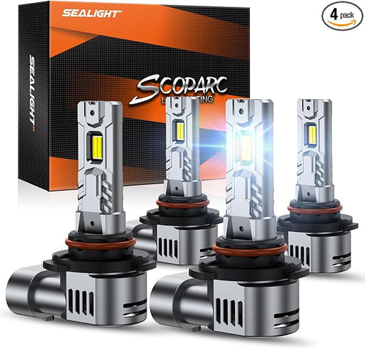 SEALIGHT 9005/HB3 9006/HB4 Bulb, 80,000LM Super Brighter,6500K Cool White 9005/HB3 9006/HB4 Bulbs or Fog LED,3 Min Quick Install Lights Combo, Plug-N-Play, Pack of 4