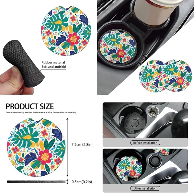 10 Set Island Hibiscus Monstera Car Seat Covers, Tropical Plant Hibiscus Steering Wheel Cover Seat Belt Pads, Island Style Flowers Leaf Cup Holder Keychain