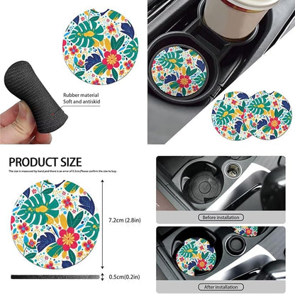 10 Set Island Hibiscus Monstera Car Seat Covers, Tropical Plant Hibiscus Steering Wheel Cover Seat Belt Pads, Island Style Flowers Leaf Cup Holder Keychain