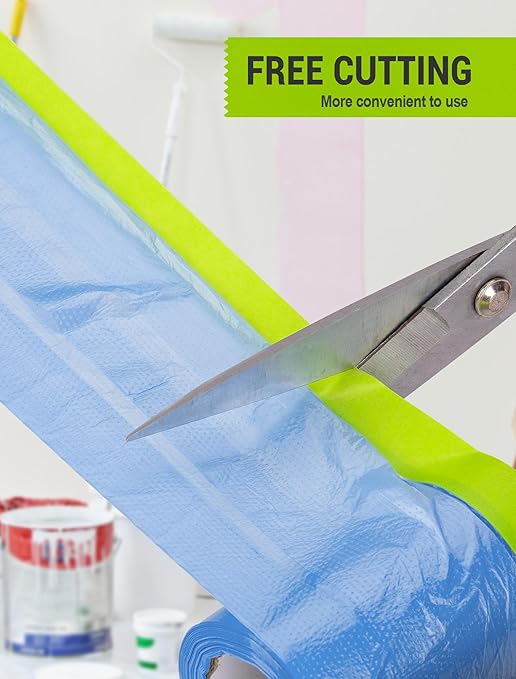 SARDVISA Pre-Taped Masking Film for Painting, 59/43/ 22 in * 66 FT, 3-Rolls Painters Plastic Sheeting with Widened Paint Tape and Drape for Covering Walls, Windows, Cars & Furniture Protection