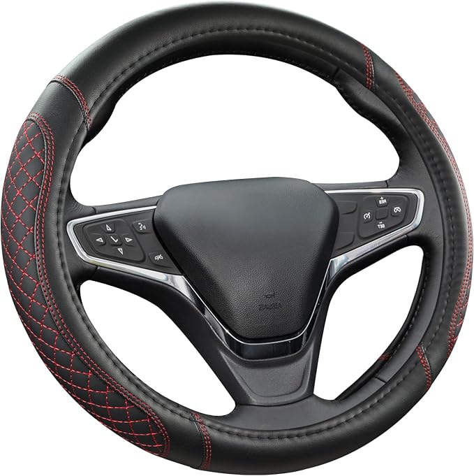 West Llama Customized Auto Car Steering Wheel Cover for Chevy Silverado,Tahoe,Equinox,Traverse,Trailblazer,Colorado (Diamond Quilted-Black+Red-Standard Size)