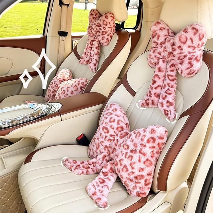LYFJMUS 4 Pack Plush Bow Car Headrest Pillow and Lumbar Support Pillow Soft Butterfly Car Neck Pillows for Driving Cars Decor (Pink Leopard)