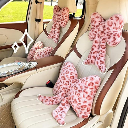 LYFJMUS 4 Pack Plush Bow Car Headrest Pillow and Lumbar Support Pillow Soft Butterfly Car Neck Pillows for Driving Cars Decor (Pink Leopard)