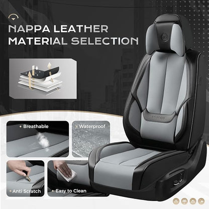 Coverado Seat Covers, Car Seat Covers Front Seats, Car Seat Cover, Car Seat Protector Waterproof, Seat Cushion Nappa Leather with Head Pillow, Carseat Cover Universal Fit for Most Cars (Black&Gray)