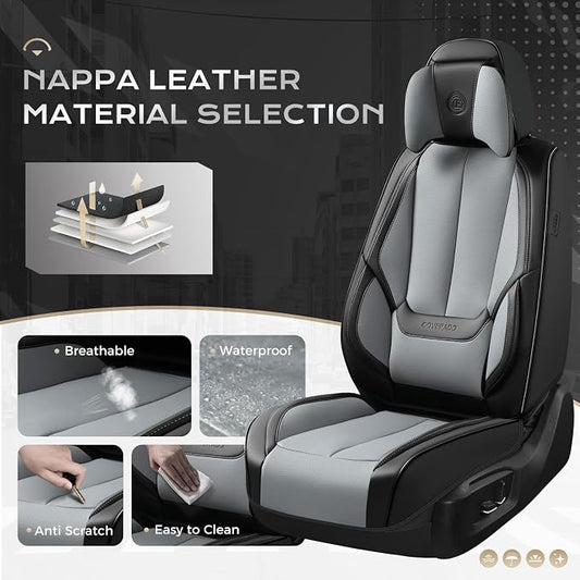 Coverado Seat Covers Full Set, 5 Seats Seat Covers for Cars, Waterproof Nappa Leather Car Seat Covers with Head Pillow, Seat Protectors Car Seat Cushion Universal Fit for Most Cars (Black&Gray)