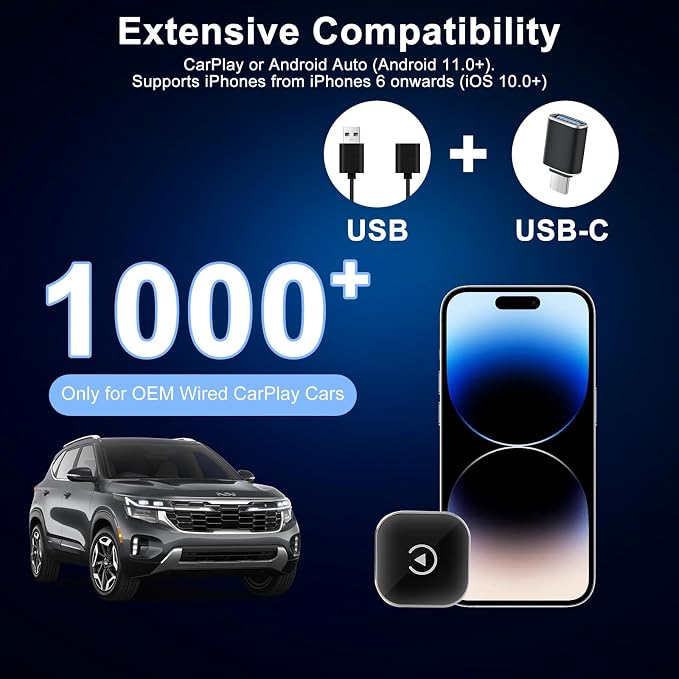 Wireless CarPlay Adapter Upgrade Wired CarPlay to Wireless for iPhone & Android, Support CarPlay & Android Auto 2 in 1,USB/Type C,Plug and Play Stable Connection for Cars with Built-in Wired Car Play