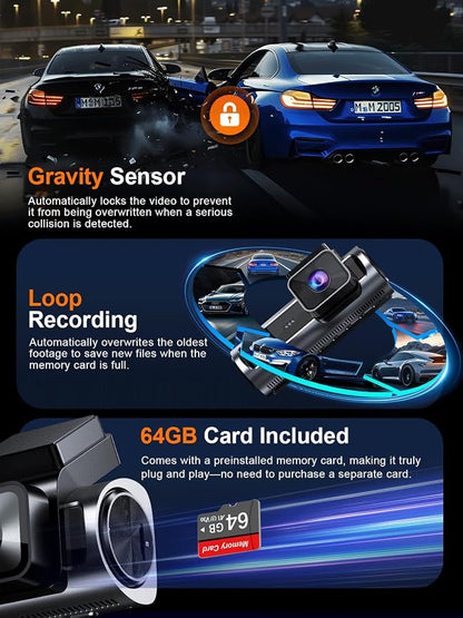 4K 3 Channel Dash Cam Front and Rear Inside, Built-in 5.8GHz WiFi GPS, 64GB Card Included, 4K+1080P+1080P Dash Camera for Cars, 3.18'' IPS Screen Dashcam with G-Sensor, 24H Parking Monitor