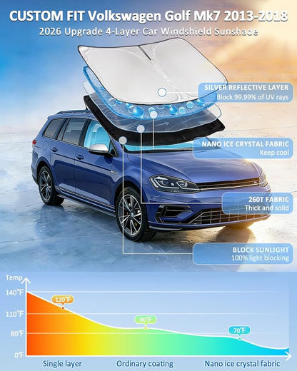 Windshield Sunshade for Volkswagen Golf Mk7 2013-2018 Sun Shade Car Windshield Upgrade 4 Layers Custom Fit Golf Mk7 Car Window Shade Blocks UV Rays Keep Cool Foldable Car Accessories