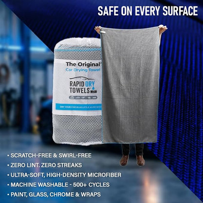 Rapid Dry Towels Original 2.0 Microfiber Car Drying Towel | 150 x 75cm | Extra Large Channel Weave Drying Cloth | Ultra Absorbent, Scratch-Free, Auto Detailing Towel for Cars SUVs Trucks & Boats