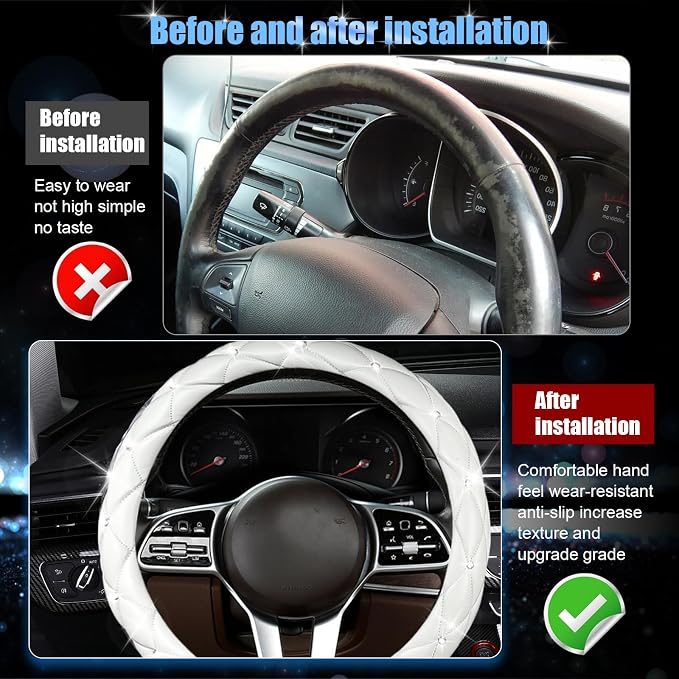 SuperKaKa Steering Wheel Cover, Auto Cute PU Diamond Bling Breathable Soft Comfort Leather Car Interior Accessories Sparkly Fit Most O-Shaped Steering Wheels for Women Men (White)