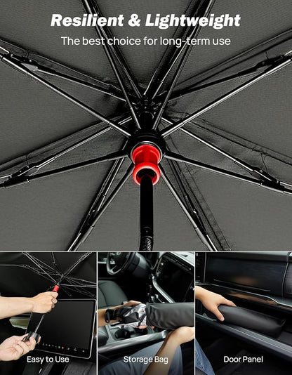 JOYTUTUS Windshield Sunshade Umbrella, Automotive Interior Sun Protection, Titanium Silver-Plated Coating Protect Car from Sun Rays & Heat Damage and Keep Cool, Spring Structure Edge (57" L x 32" W)