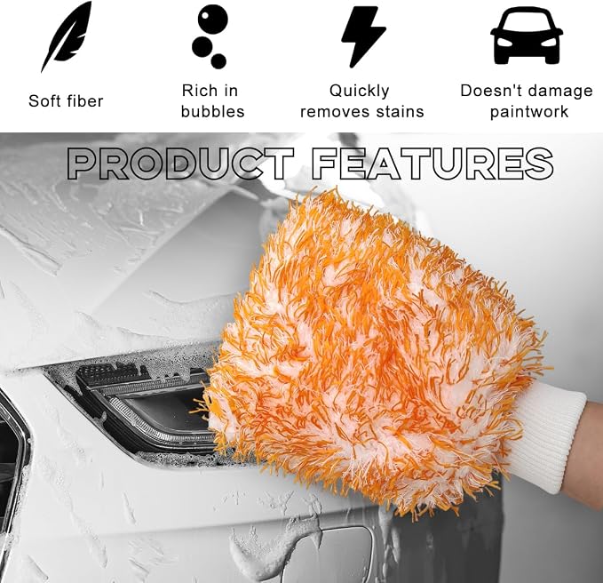 Yourkar 2 PCS Car Wash Mitt, 8"×10" Soft & Scratch-Free Premium Plush Microfiber Washing Glove, Machine Washable Lint Free Absorbent Detailing Wash Mitt, Universal Car Accessories (Orange)