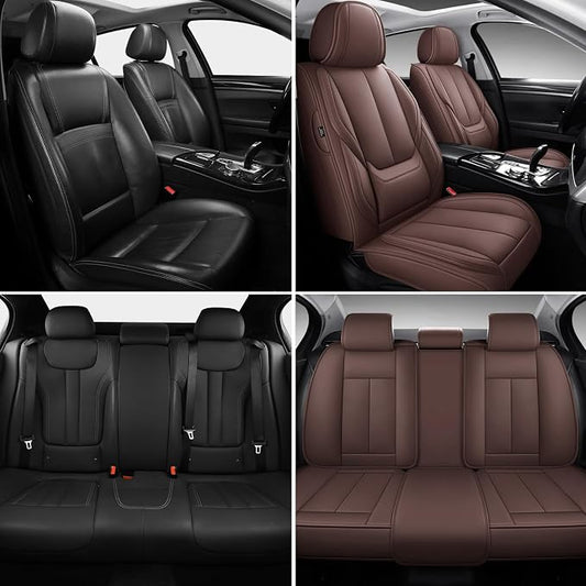 MINGBRON Car Seat Covers Full Set, Car Seat Cover Lumbar Support, Car Seat Protector Waterproof, Nappa Leather Car Seat Cushion, Front Seats and Back Fit for Most Cars Brown